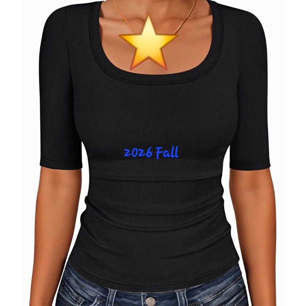 ANRABESS Women's S Black Ribbed Scoop Neck Short Sleeve Pullover Top Solid
